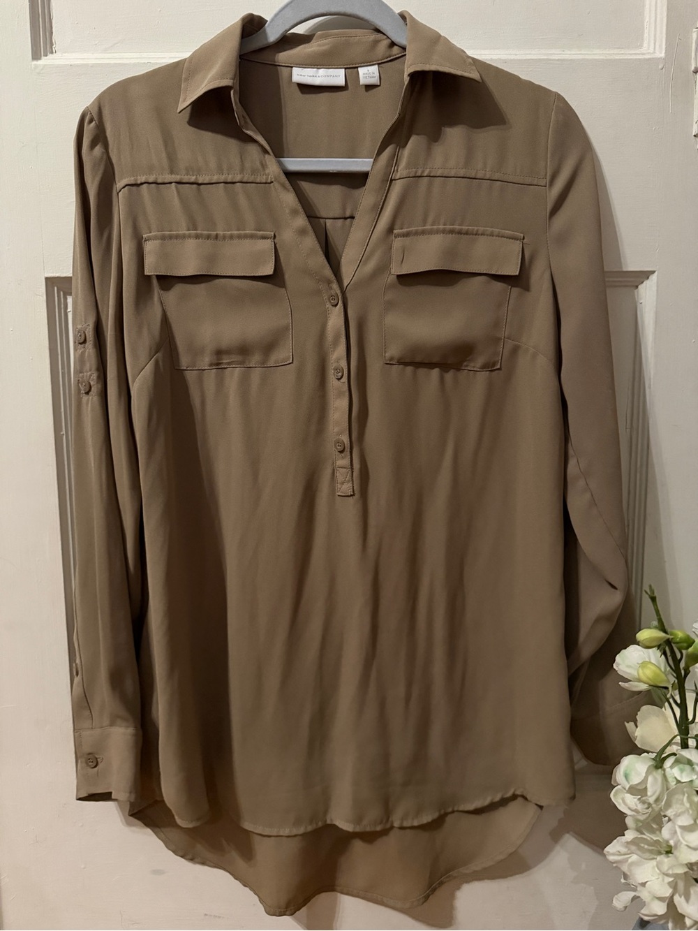 New York & Company Taupe Button-Front Utility Shirt